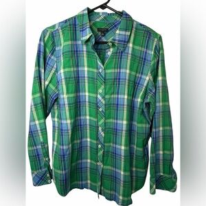 Talbots COTTON BUTTON FRONT SHIRT GREEN FOLIAGE PLAID